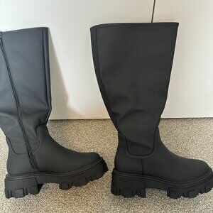 NWOT ASOS Matte Black Chunky Wide Calf Boots, Size 9